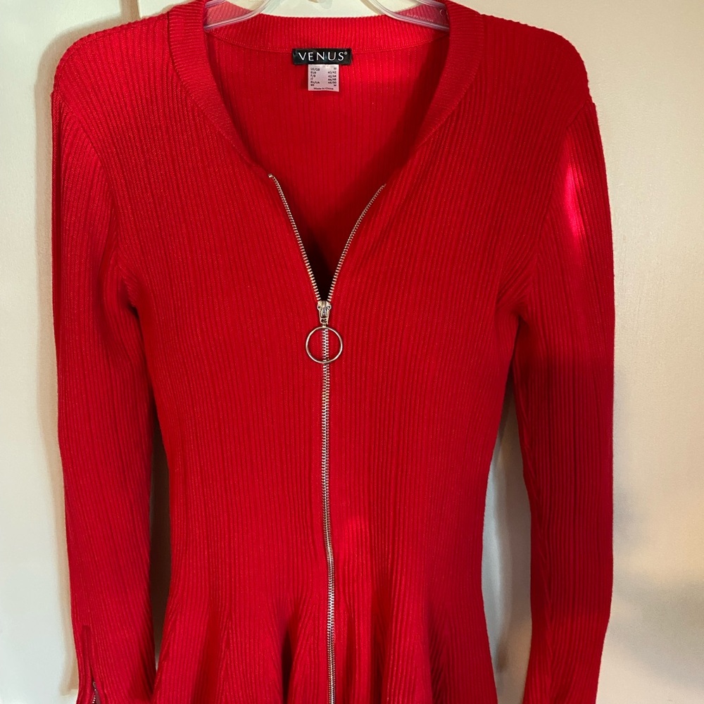 Venus Brand Red Peplum zip down sweater